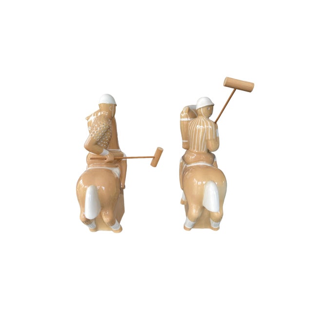 Stunning rare pair of porcelain Waylande Gregory (1905 - 1971) Polo Player sculptures. Tan with white, the jersey's of the...