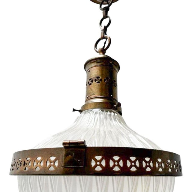 Arts & Crafts Patinated Brass Holophane Pendant Light, 1900s For Sale - Image 3 of 7