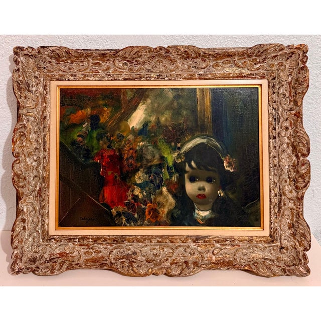 Surrealism Jean Calogero, Mod Italian Surrealist Oil Painting Jean Calogero Big Eyed Girl, Victorian Party For Sale - Image 3 of 9