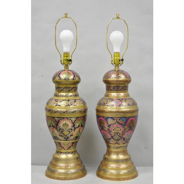 Traditional Vintage Brass & Cloisonné Enamel Pink & Blue Jardiniere Urn Table Lamps - Pair For Sale - Image 3 of 14