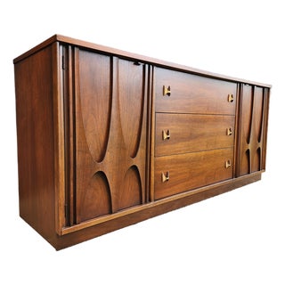 Broyhill Brasilia Mid Century Modern Walnut Triple Dresser Credenza | Sculptural Doors | Vintage 1960s For Sale