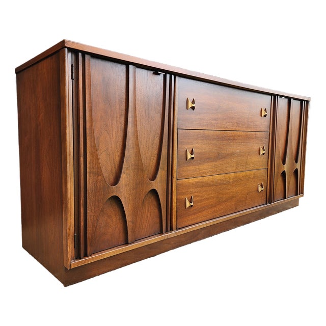 Broyhill Brasilia Mid Century Modern Walnut Triple Dresser Credenza | Sculptural Doors | Vintage 1960s For Sale