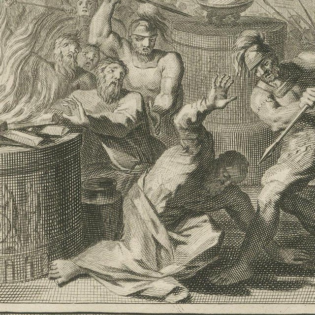 Pieter Mortier, Jehu and the Heads of Ahab's Sons and Baal's Prophets Slain, 1700, Engraving For Sale - Image 4 of 12