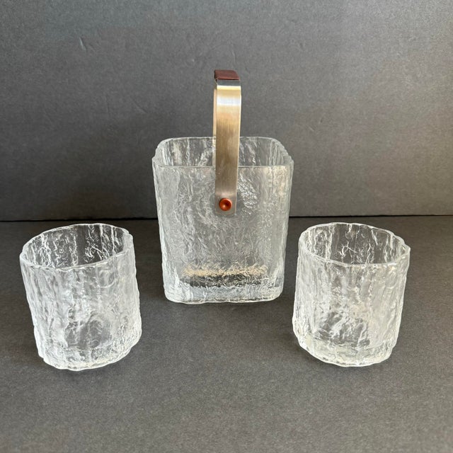 Mid 20th Century Mid Century Hoya Ice Bucket & Rocks Glasses MCM Frosted Glass Ice Cube Barware Set of 3 For Sale - Image 5 of 12