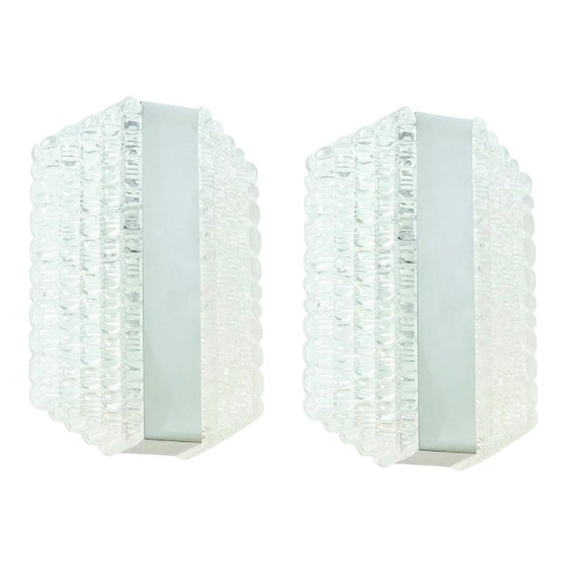 Pair of Mid-Century Crystal Glass & Chrome Wall Lamps/Sconces From Kaiser Leuchten, Germany, 1960s For Sale
