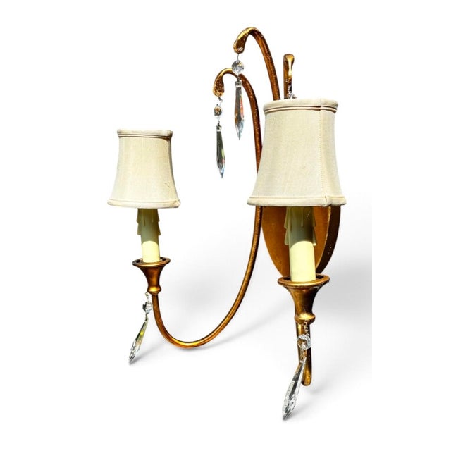 Mid-Century Modern 1990s Mid-Century Modern Gold Leaf 2-Light Crystal Wall Sconce For Sale - Image 3 of 14