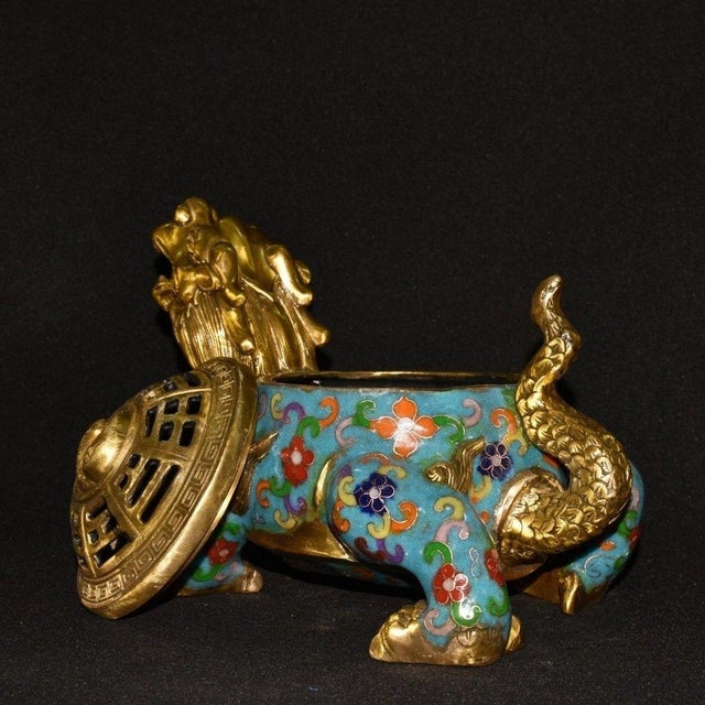 Turquoise Vintage Cloisonné Enamel Gilt Bronze Dragon Turtle Censer Incense Burner With Bagua Lid For Sale - Image 8 of 9