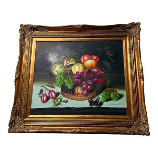 1940s Oil Painting on Canvas Signed Fruit Basket Dining Room Gold Ornate Frame For Sale