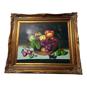 1940s Oil Painting on Canvas Signed Fruit Basket Dining Room Gold Ornate Frame