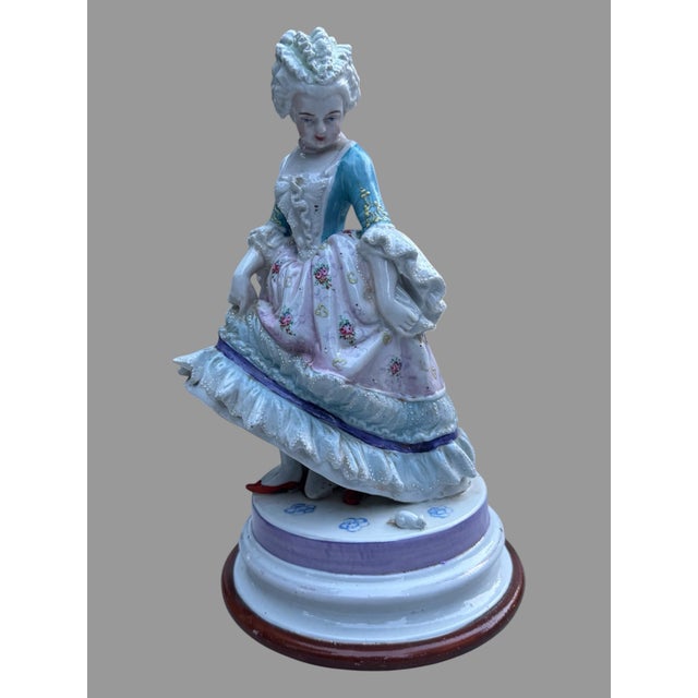 Early 20th Century Antique German Porcelain Lady Figurine 10.5” Hand Painted Rococo Statue For Sale - Image 5 of 8
