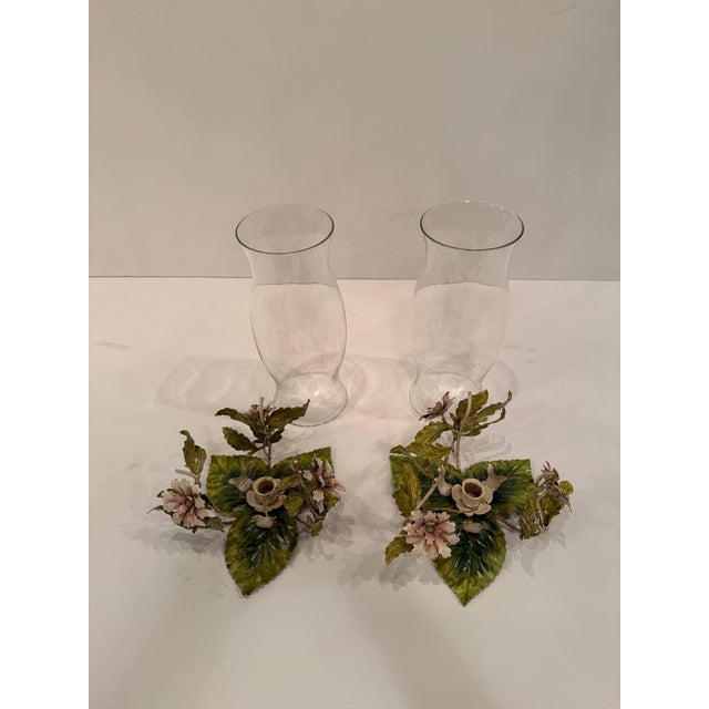 Italian Vintage Italian Painted Tole & Glass Candle Hurricanes -a Pair For Sale - Image 3 of 10