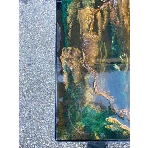 Lacquered Wood Table with Fish Decorations and Wrought Iron Base by P. Bertille, 20th Century For Sale - Image 3 of 10