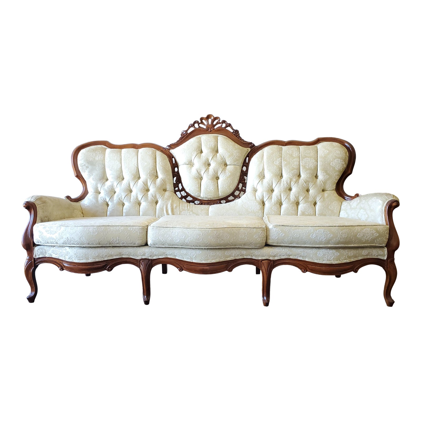 Vintage Victorian Carved Wood White Brocade Tufted Sofa Chairish