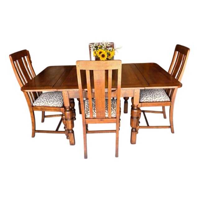 Fully Restored 1930s Draw Leaf Table. Quarter Sawn Solid Oak With Original Matching Chairs - Set of 4 Chairs For Sale
