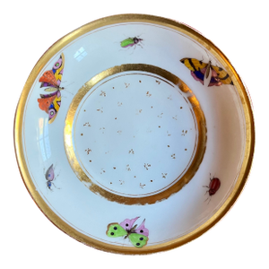 Antique Early 19th Century French Empire Paris Porcelain Saucer Dish Decorated With Insects & Butterflies, Circa 1800