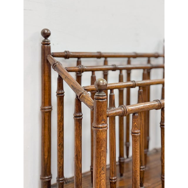 Vintage Magazine Rack English Canterbury Dark Faux Bamboo Wheels Rare Find For Sale - Image 9 of 10