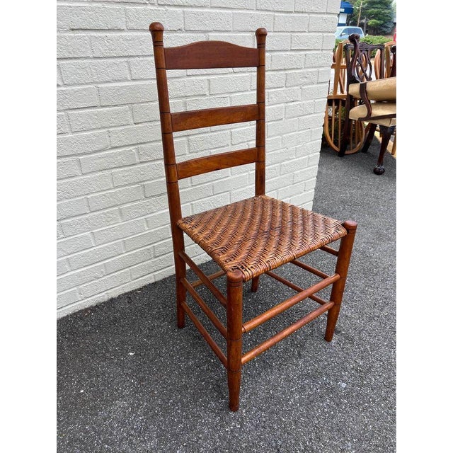 Wood Antique 19th Century Pair of Rustic Country Style High Ladder Back Splint Weave Seat Chairs For Sale - Image 7 of 8
