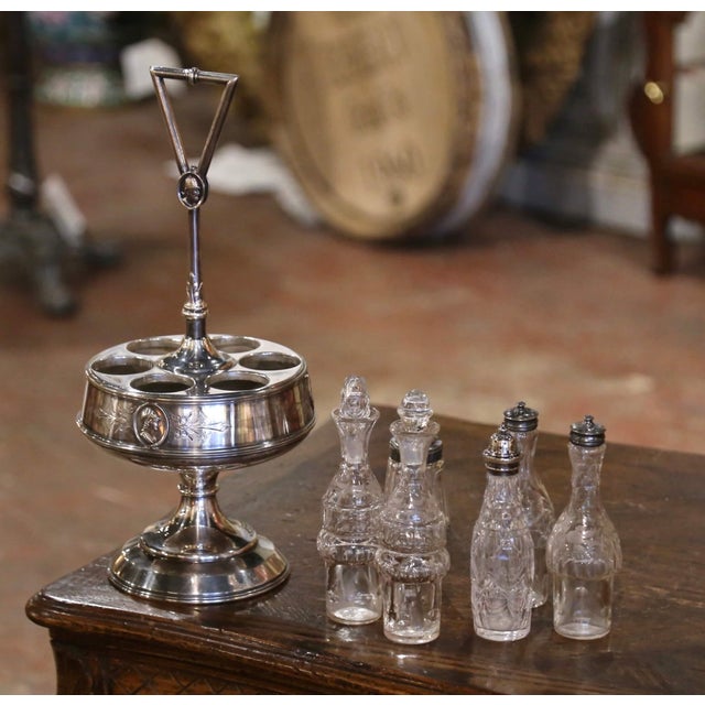 Metal 19th Century Reed & Barton Silver-Plated Cruet Set With Six Crystal Bottles For Sale - Image 7 of 11