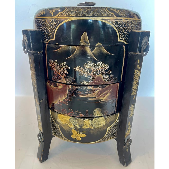 Qing Dynasty Chinese Black and Gold Lacquer Multi-Tiered Wedding Box For Sale - Image 4 of 18