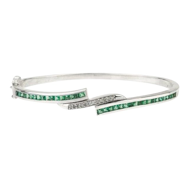 Vintage Style Emerald and Diamond Sterling Silver Bangle Bracelet For Sale