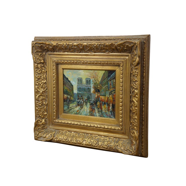 Late 20th century oil on board Parisian impressionist cityscape painting. Show a street view of Notre Dame, with a horse...