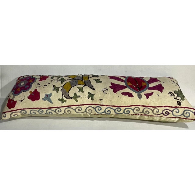 Single Long Antique Silk Embroidery Suzani Pillow For Sale - Image 4 of 12