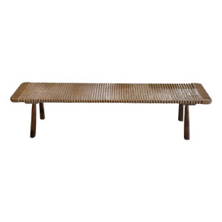 Solid Teak Wood Bench With Softened Edges and Sculptural Leg Form For Sale