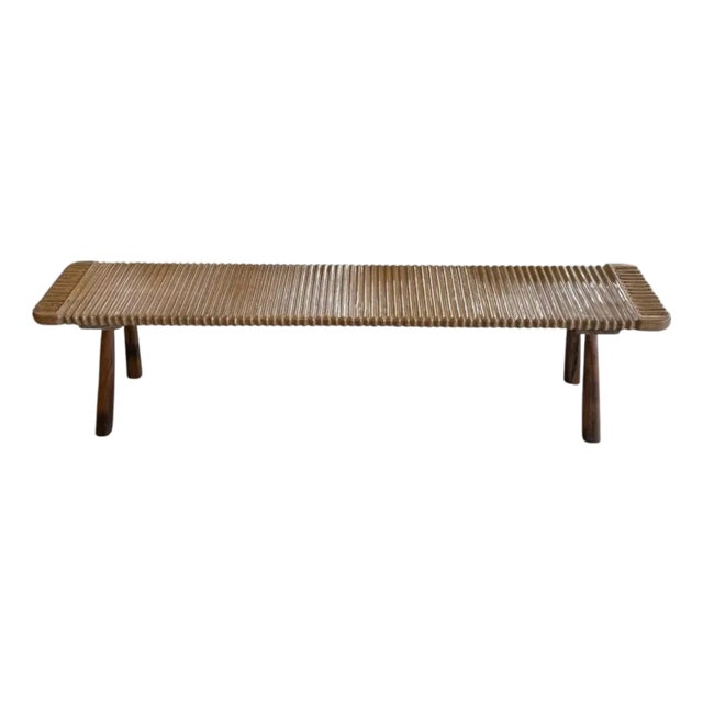 Solid Teak Wood Bench With Softened Edges and Sculptural Leg Form For Sale