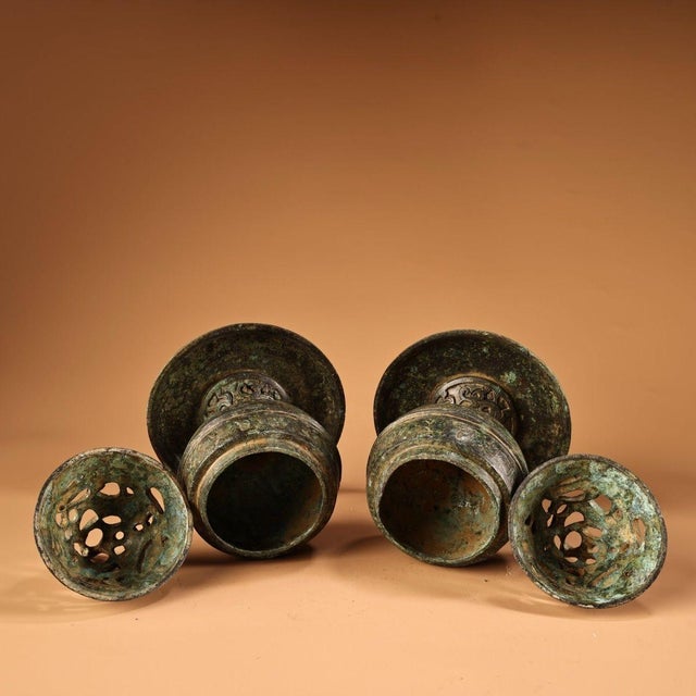 Pair of Vintage Bronze Boshanlu Incense Burners - Archaic Style Censers For Sale - Image 9 of 10