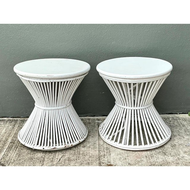 White Vintage White Stick Rattan Hourglass Tables - A Pair For Sale - Image 8 of 12