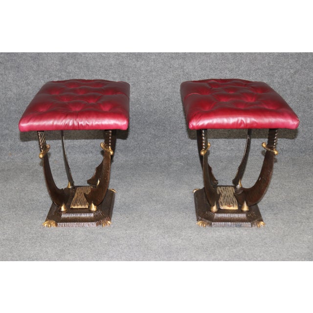 1950s Rare Pair of Cast Iron Upholstered Wrought Iron Sword & Scabbard Stools Benches For Sale - Image 5 of 10