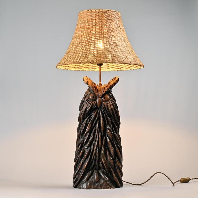 Carved Wood Owl Table Lamp from Beal, 1970s For Sale - Image 3 of 11