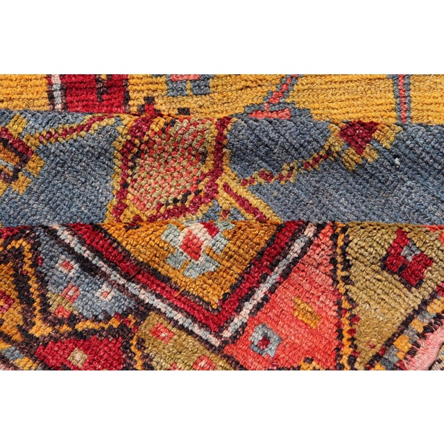 Vintage Turkish Oushak Runner With Bold Gold, Red, and Sky Blue Medallions For Sale - Image 12 of 13