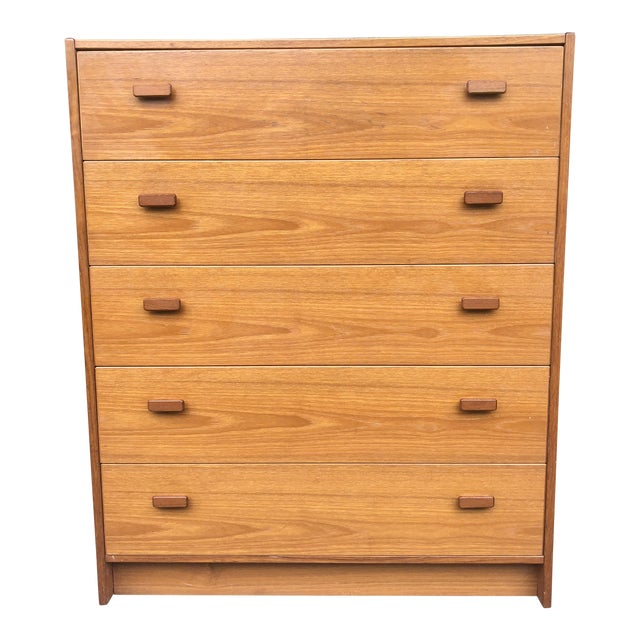1960s Danish Modern Highboy Dresser With Carved Wood Drawer Pulls