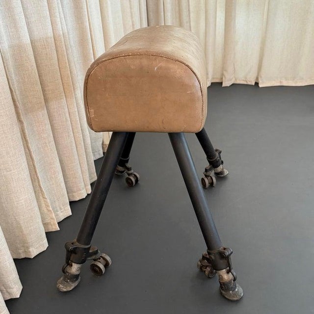 Antique Leather and Cast Iron Adjustable Gymnasium Pommel Horse For Sale - Image 4 of 11