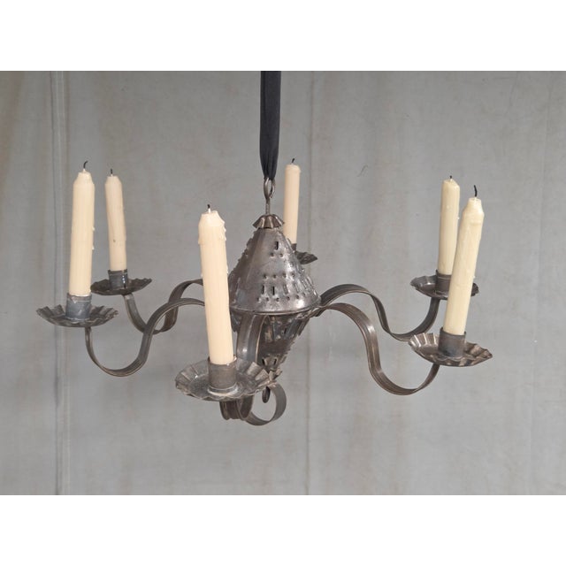 Antique Punched Tin Six-Arm Candle Chandelier, New Mexico, Spanish Colonial Style For Sale In Denver - Image 6 of 16