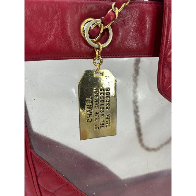 Metal Chanel Vintage Red Leather Clear PVC Shoulder Bag Tote c1990s For Sale - Image 7 of 11