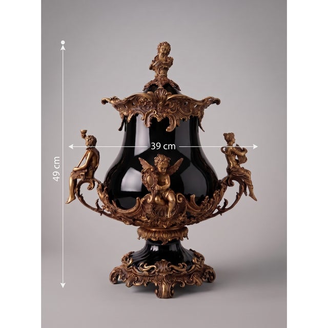 Large Covered Urn in Black Porcelain and Bronze Rocaille Decoration with Cherubs, 2010s For Sale - Image 3 of 18