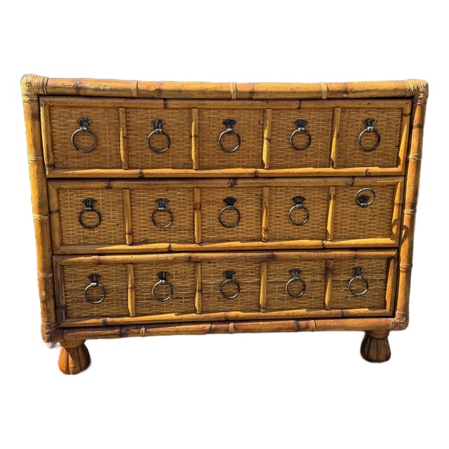 Handsome Faux Bamboo and Rattan Vintage Chest of Drawers For Sale
