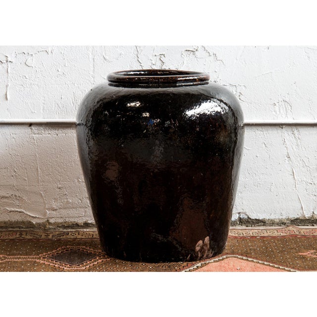 1960s Near Pair of Vintage Chinese Glazed Black Ceramic Pots Sold as