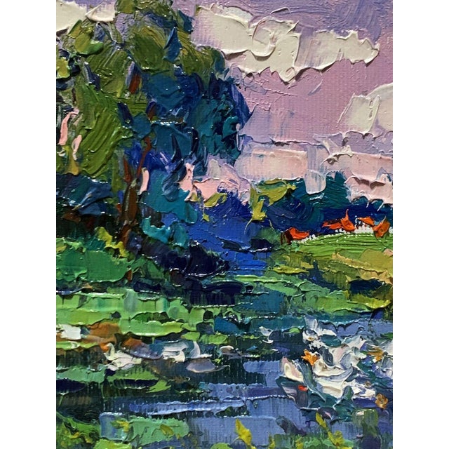 Textile Oil Painting Geese Are Swimming in the Lake Oksana Ivanyuk For Sale - Image 7 of 11