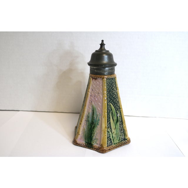 Late 19th Century Etruscan Majolica Griffin Smith and Hill Bamboo Syrup Pitcher With Pewter Top For Sale - Image 4 of 8