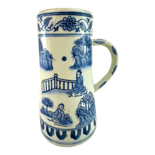 Vintage Mid 20th Century Blue and White Chineoise Small Pitcher - Vase For Sale