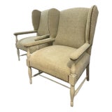 Pair of Linen Upholstered Wing Back Chairs With Nail Head Trim For Sale