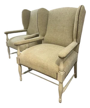 Pair of Linen Upholstered Wing Back Chairs With Nail Head Trim