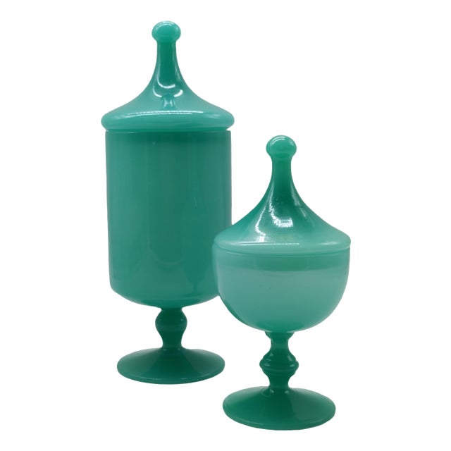 Emerald-Green Glass Sweet Jars, Italy, 1960s, Set of 2 For Sale