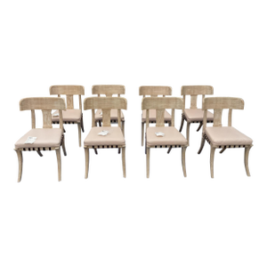 White-Washed Klismos Dining Chairs With Walnut Saber Legs, Dark Brown Woven Leather Seats and Custom Cushions - Priced Per Chair