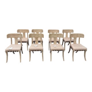 White-Washed Klismos Dining Chairs With Walnut Saber Legs, Dark Brown Woven Leather Seats and Custom Cushions - Set of 8 For Sale