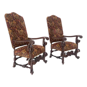 Gothic Oversized Heavily Carved Walnut Arm Chairs Tall Back Thrones - A Pair