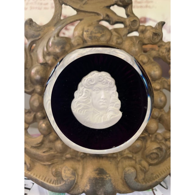 One of a kind curiosity object! Signed Baccarat Louis XIV cristal paper weight mounted in Antique brass Victorian frame....